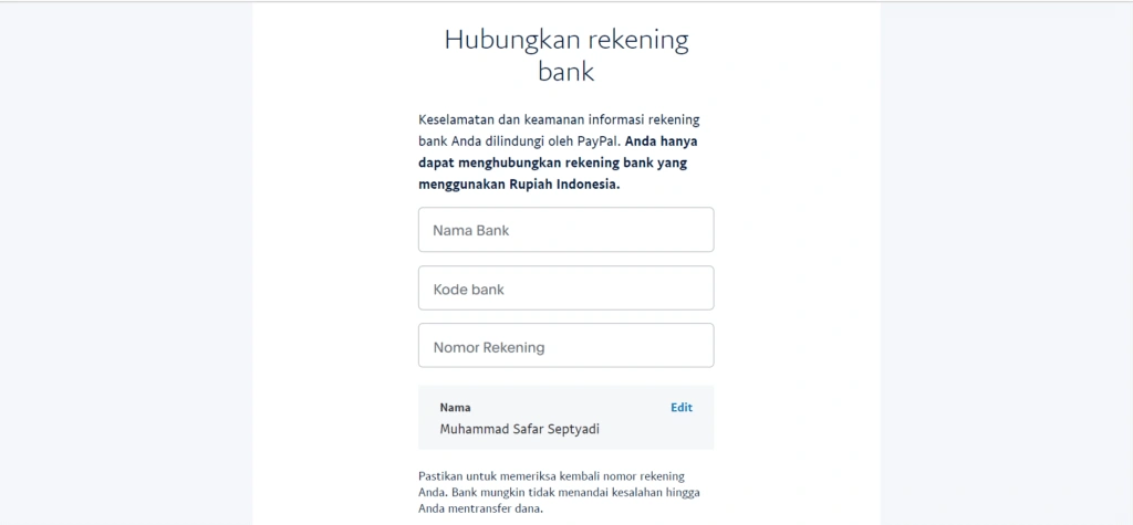 Form penarikan bank melalui paypal