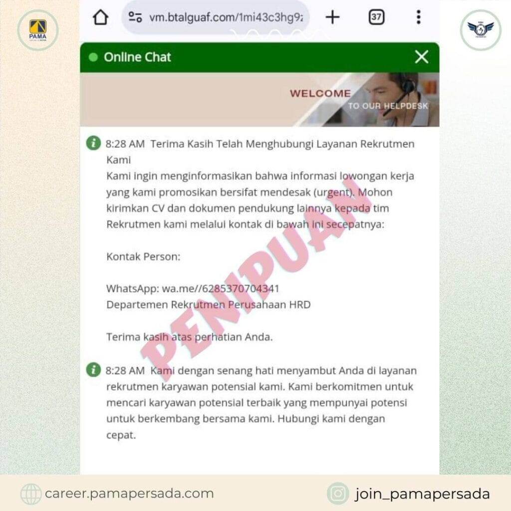Hati-hati Penipuan Loker Palsu Mengatasnamakan PT. PAMA