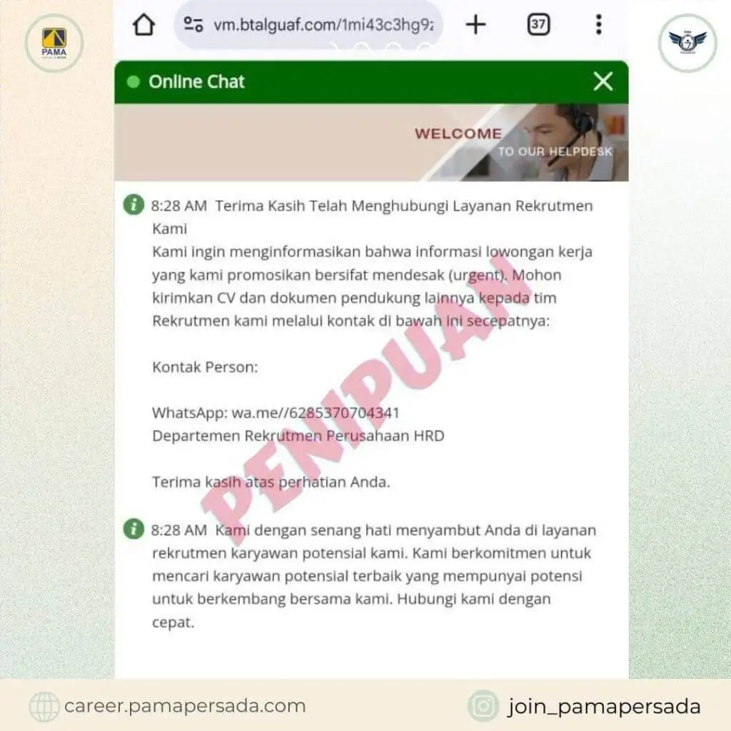 Hati-hati Penipuan Loker Palsu Mengatasnamakan PT. PAMA