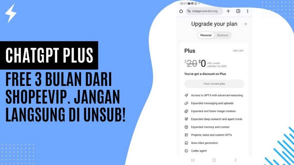 ChatGPT Plus Free 3 Bulan Dari ShopeeVIP. Jangan Langsung di Unsub! ChatGPT Plus Free 3 Bulan Dari ShopeeVIP. Jangan Langsung di Unsub!